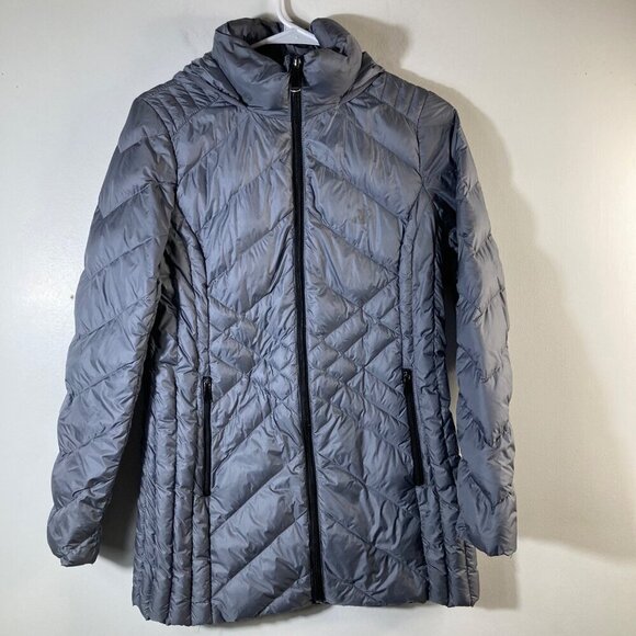 Womens Saks Fifth Avenue Down Puffer Hooded Jacket Gray S Nylon Down - Picture 1 of 9